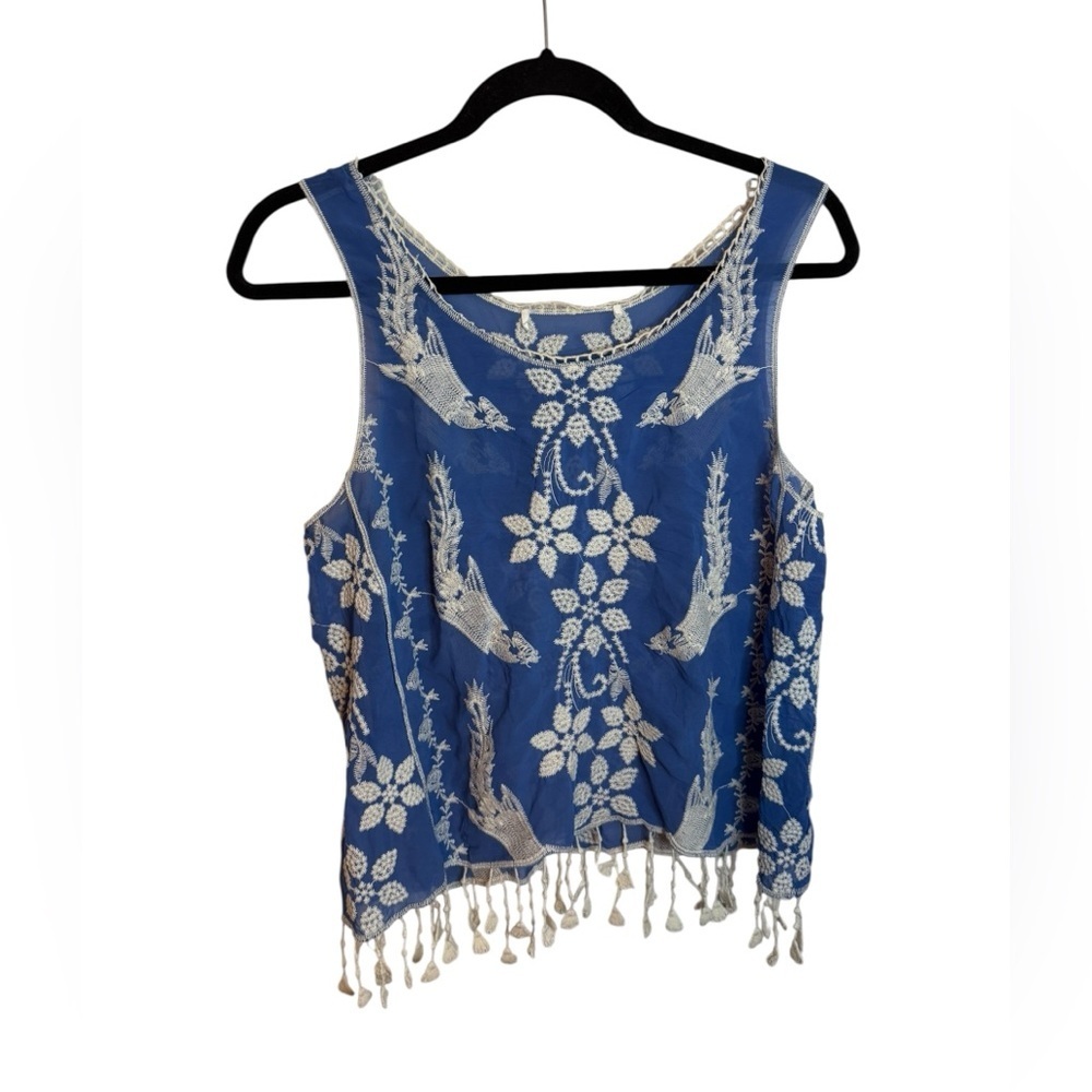 Sweet Rain Blue Boho Sleeveless Top with White Bird and Floral Embroidery